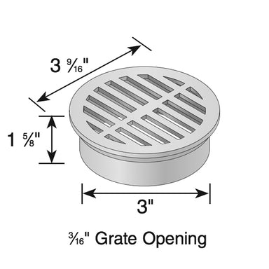 Close-up of underside and rim of green NDS 3-inch round drain grate, fit profile for 3" corrugated or triple-wall pipe.