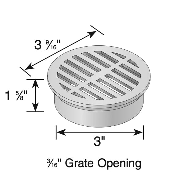 Close-up of underside and rim of green NDS 3-inch round drain grate, fit profile for 3" corrugated or triple-wall pipe.