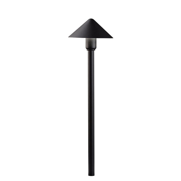 Kichler Fundamentals 21in LED path light in textured black, showing integrated LED head, post and 8in ground stake.