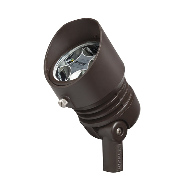 Kichler 16200BBR30 bronzed brass LED landscape spot light; integrated 120V module, compact 3" housing for narrow-beam accent lighting.