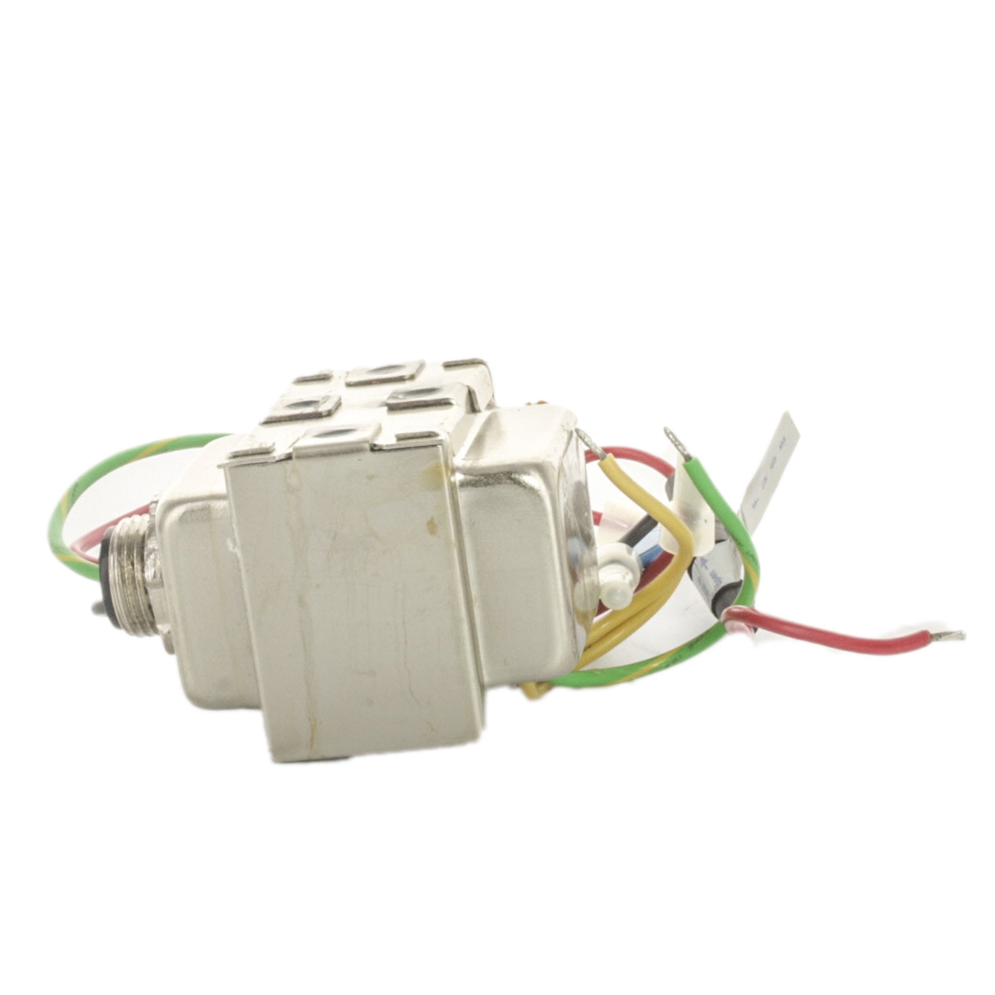 Detail of wiring leads and terminal connections on Weathermatic 170-085SA transformer with corrosion-resistant stainless housing and durable insulation.