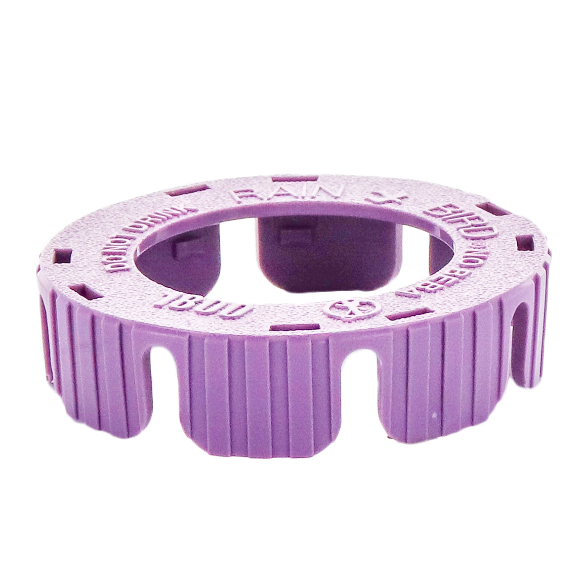 Side view of Rain Bird 1800NP purple snap-on cover highlighting fit profile and retention features for 1800 Series spray heads.