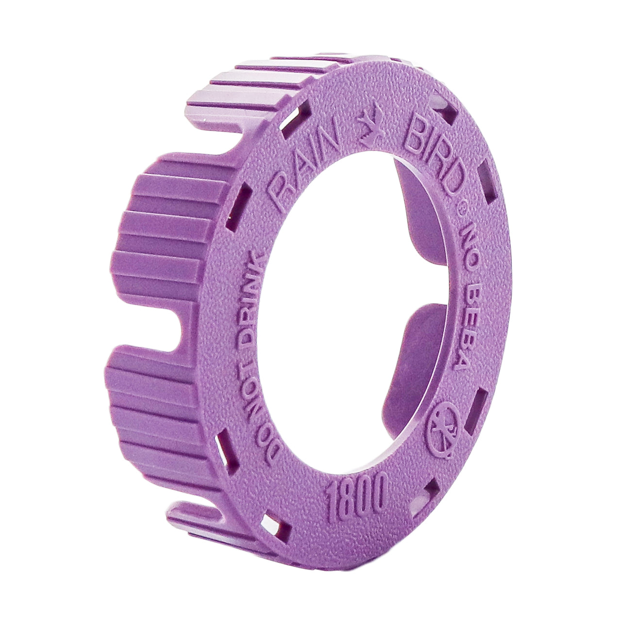 Purple Rain Bird 1800NP non-potable snap cover, top view showing bilingual 'Do Not Drink!' marking and snap tabs for 1800 Series.