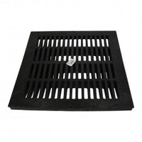 Top view of NDS 1811 black 18 x 18 inch square drainage grate in foam polyolefin showing square grid pattern.