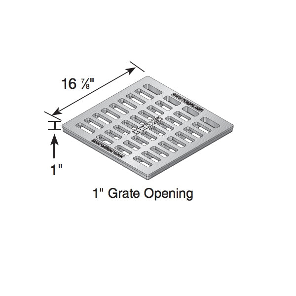 Side-angle of NDS 1813 cast iron 18x18 square grate installed on a catch basin, showing thickness and fit.