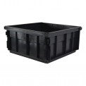 NDS 1816 black 18 x 18 in catch basin riser, three-quarter view showing ribbed HIPS panels and corner joints