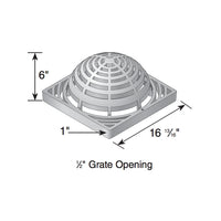 Side-angle view of black NDS 18-inch atrium grate (1881) showing low-profile grid pattern and lightweight foam polyolefin construction for outdoor use.