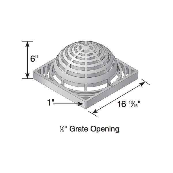 Side-angle view of black NDS 18-inch atrium grate (1881) showing low-profile grid pattern and lightweight foam polyolefin construction for outdoor use.