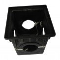 Front view of NDS 1884 18 in. square one-piece catch basin showing four keyed outlet openings and black UV-stabilized HDPE body for outdoor drainage.