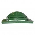 Top view of NDS 1891 green atrium grate installed over an 18" square catch basin, showing domed profile and 1/2" openings for debris control.