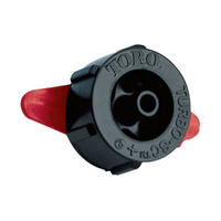 Red 2.0 GPH Toro Turbo-SC pressure-compensating drip emitter with male adapter and bug shield, self-flushing design for microtubing systems