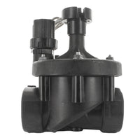 Front view of Rain Bird 200PESB 2-inch PESB inline plastic irrigation valve showing solenoid, bonnet, and scrubber screen assembly.