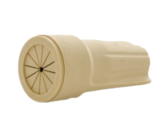 Side profile of tan King Innovation 20111 wire connector showing length, winged-shell twist design, and exterior texture for grip and installation.