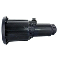Side view of Rain Bird 2045A Maxi-Paw pop-up sprinkler with exposed body, nozzle, and housing, illustrating pop-up mechanism.