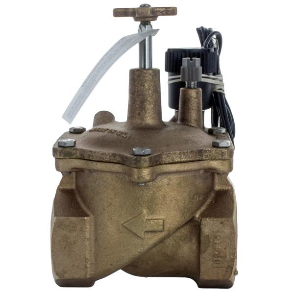 Side angle of Toro 220 1.5-inch electric brass valve highlighting 24V solenoid and inlet connection.