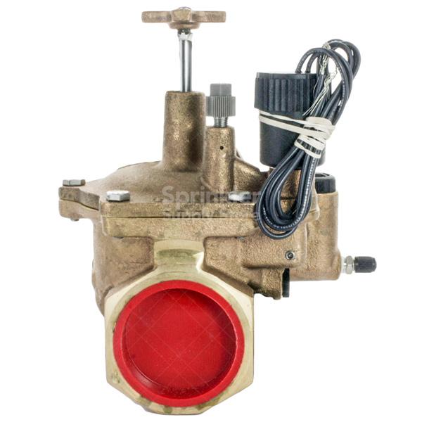 Rear and port detail of Toro 1.5-inch electric brass pressure-regulated globe valve with female NPT inlets