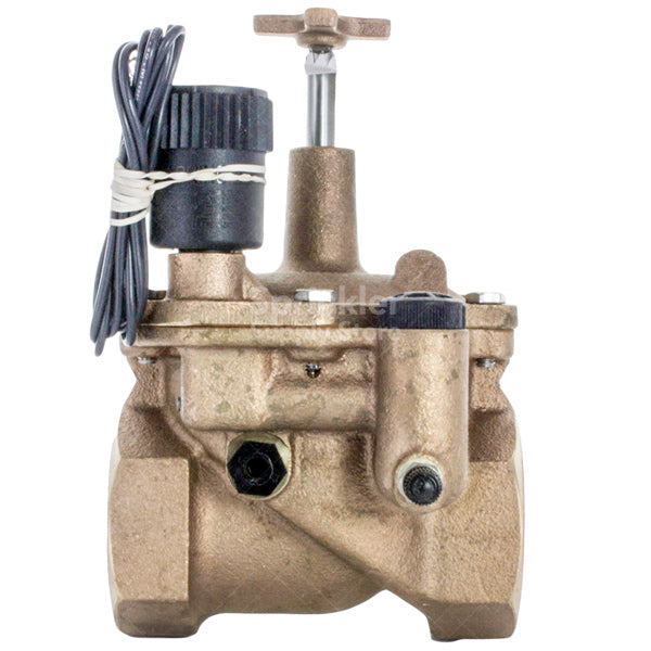 Front view of Toro 220-26-08 2" electric in-line brass valve showing solenoid, female inlet fittings, and brass body finish.