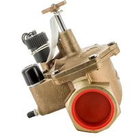 Front-angle view of Toro 220-27-08 2-inch brass pressure-regulated electric globe valve showing solenoid, inlet threads, and regulator access (product photo).