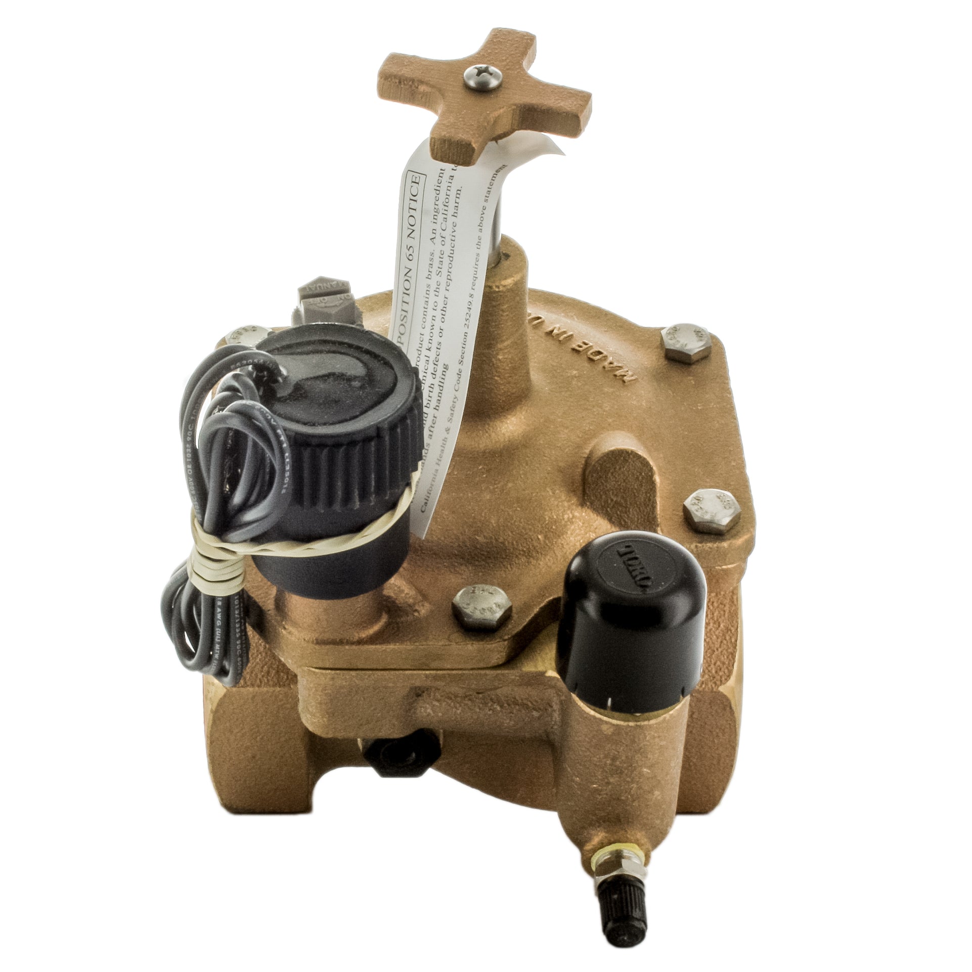 Side view of Toro 220-27-08 2-inch brass globe valve with visible Female NPT inlet threads and brass body finish against white background.