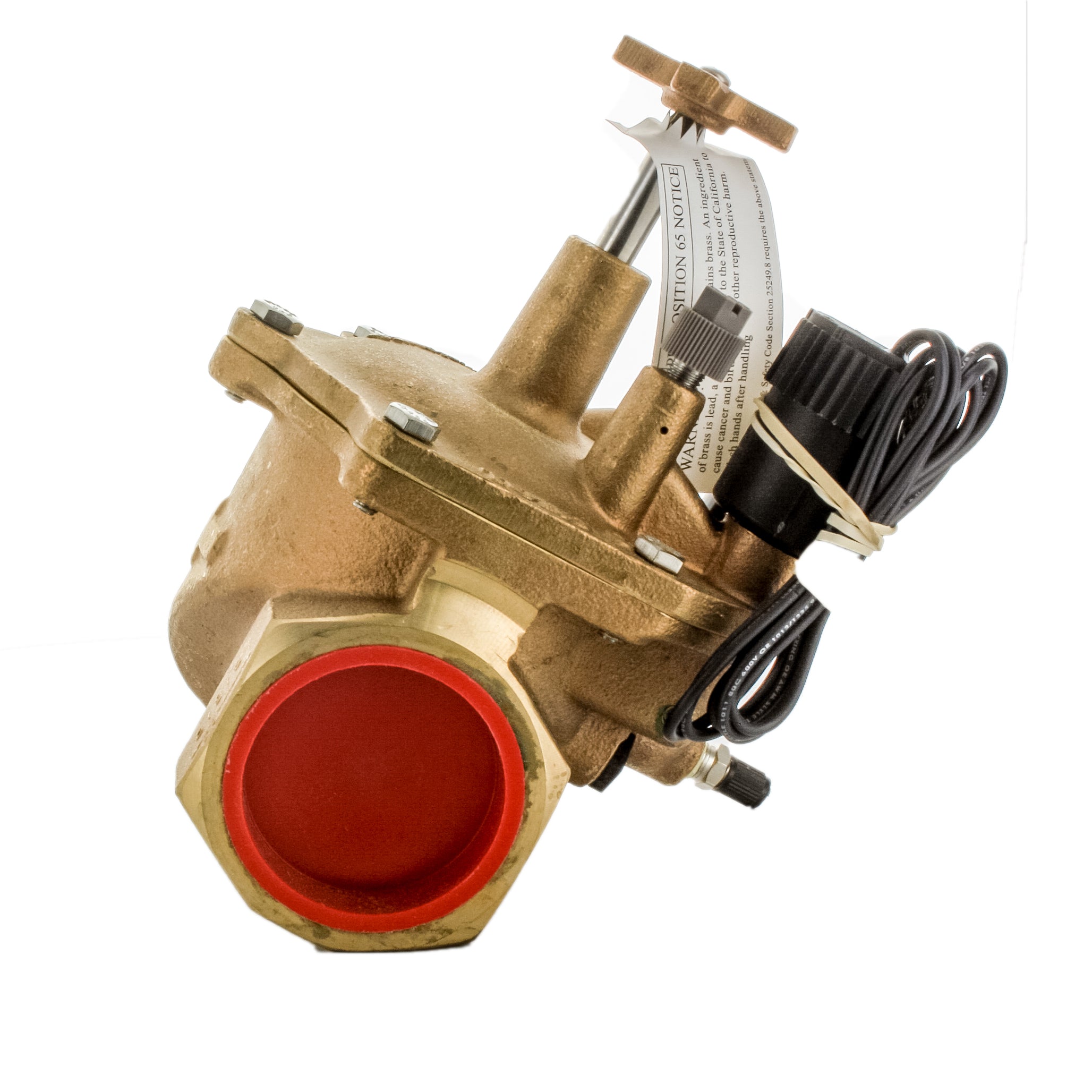 Close-up of Toro 220-27-08 valve solenoid and EZ Reg pressure regulator module mounted on brass valve body for irrigation systems.