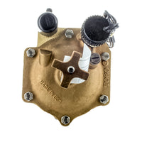 Top-down view of Toro 220-27-08 2-inch pressure-regulated electric valve showing cap, regulator access, and robust brass construction.