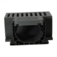 NDS Spee-D channel fabricated tee (SKU 2371) with gray slotted plastic grate; angled view showing snap-in grate and channel.
