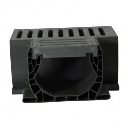 NDS Spee-D channel fabricated tee (SKU 2371) with gray slotted plastic grate; angled view showing snap-in grate and channel.