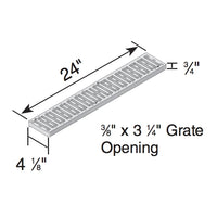 Installed NDS 240 white HDPE channel grate seated in Spee-D channel, low-profile edge and slotted drain openings visible in outdoor setting.