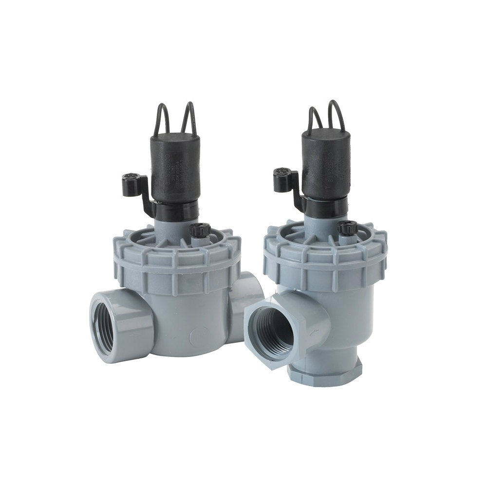 Irritrol 2600TF 1-inch plastic angle irrigation valve with threaded bonnet and flow control, studio photo