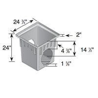 Top-down close-up of NDS 2400 24 in square catch basin in black HDPE, highlighting the interior cavity, two outlet openings, and mounting rim.
