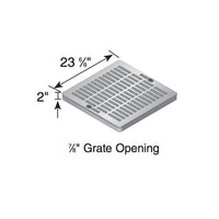 Angled view of NDS 2412 green 24" square grate installed over a 24-inch catch basin, highlighting lightweight, UV-resistant foam polyolefin material.