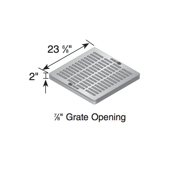 Angled view of NDS 2412 green 24" square grate installed over a 24-inch catch basin, highlighting lightweight, UV-resistant foam polyolefin material.