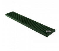 Close-up of NDS 242 Spee‑D 2' green channel grate showing slotted grate pattern and mounting holes for four screws, compatible with Spee‑D channels.