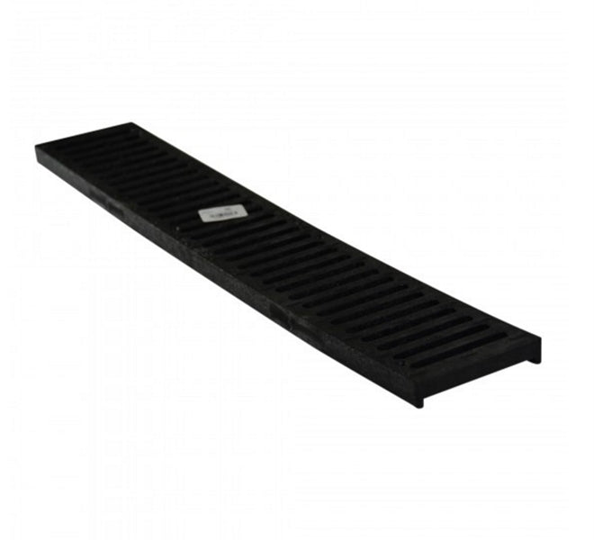 Front angled view of NDS 243 Spee-D 2-foot black HDPE channel grate showing slotted heel-proof pattern and UV-stabilized surface, suitable for patios and driveways.