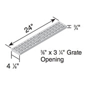 Close-up of NDS 244 Spee-D sand HDPE channel grate showing slotted opening, flying-buttress profile, and 24-inch length for Spee-D channels.