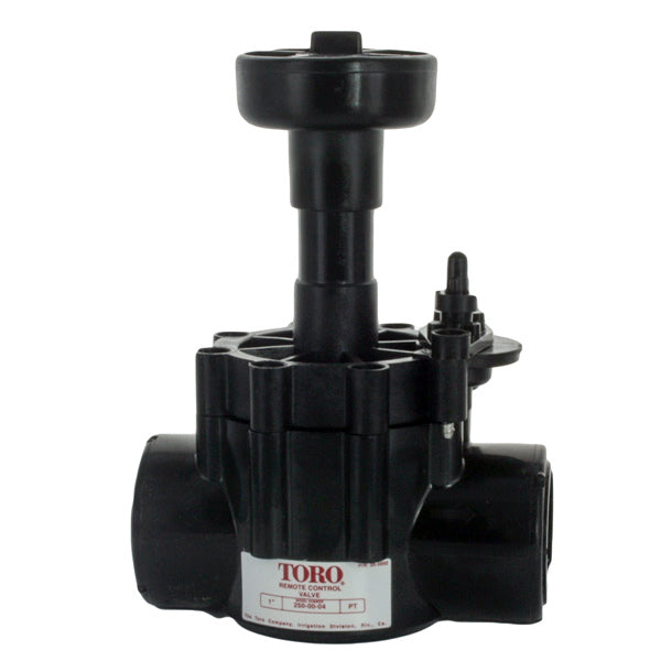Toro 250-00-04 1-inch pin-type hydraulic irrigation valve, front view showing flow control handle, FNPT female connections, Zytel body, stainless pin (side angle).