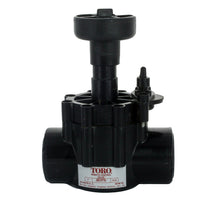 Front-angle view of Toro 250-01-04 1-inch normally-open hydraulic valve with flow-control handle and 1" female x female connections, white background