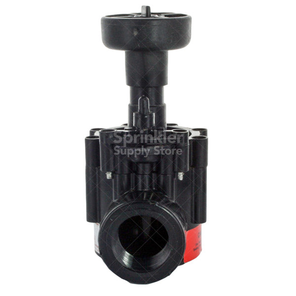 Right-side close-up of Toro 250-01-04 hydraulic valve showing flow-control handle, bonnet and glass-filled Zytel body, 1" FxF ports