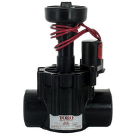 Front view of Toro Model 250 1-inch electric inline irrigation valve (female x female) showing flow-control handle and solenoid assembly.