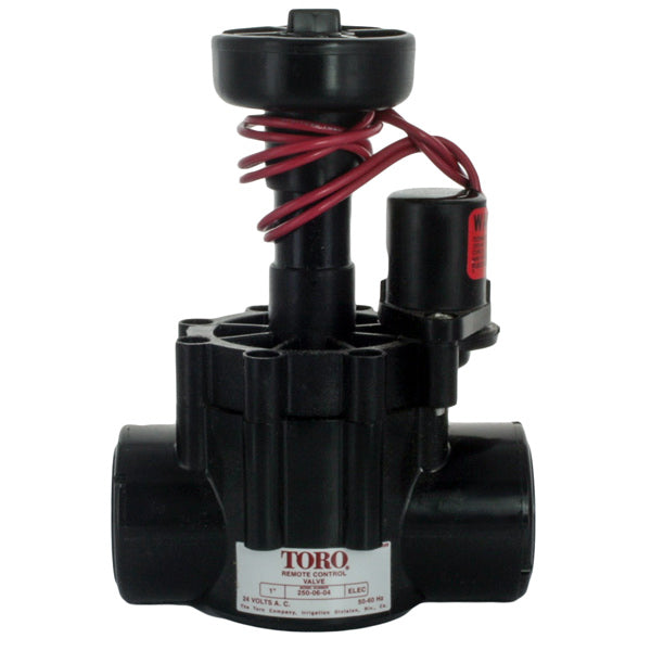 Front view of Toro Model 250 1-inch electric inline irrigation valve (female x female) showing flow-control handle and solenoid assembly.