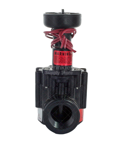 Side angle of Toro Model 250 1" electric valve illustrating inlet/outlet orientation, flow-control knob, and robust glass-filled nylon body.