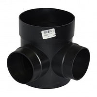 Front view of NDS 250 Spee-D 6 in. round catch basin (black HIPS) showing two 90-degree outlets for 3" and 4" pipe and the basin rim.