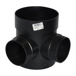 Front view of NDS 250 Spee-D 6 in. round catch basin (black HIPS) showing two 90-degree outlets for 3" and 4" pipe and the basin rim.