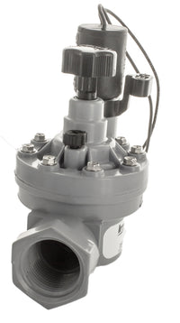 Close-up of Irritrol 2500TF valve body highlighting flow-control adjustment, solenoid housing, and captured screws for easy servicing.