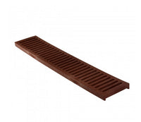 Angled top view of NDS Spee-D 2 ft brick red channel grate in UV-stabilized HDPE, 4-1/8 inch width for surface drainage and light vehicular use.
