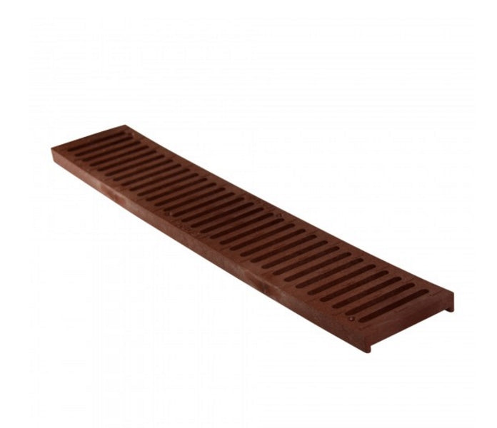Angled top view of NDS Spee-D 2 ft brick red channel grate in UV-stabilized HDPE, 4-1/8 inch width for surface drainage and light vehicular use.
