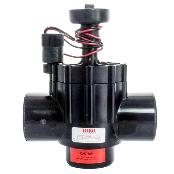 Front view of Toro 252-26-06 1.5-inch electric in-line/angle irrigation valve with flow control handle, black ABS body.
