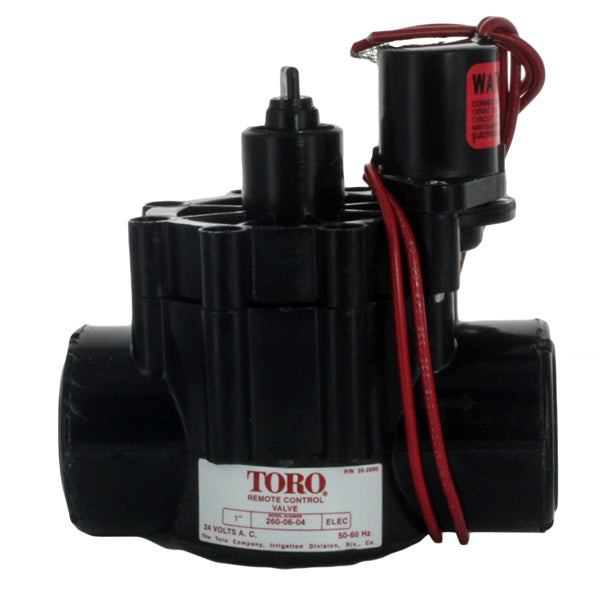 Front and side view of Toro 260-06-04 1-inch electric globe valve, FIPT x FIPT connections, plastic glass-filled Zytel body and solenoid.