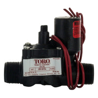 Toro 264-06-03 3/4-inch electric irrigation valve, front-angle view showing glass-filled Zytel body, male inlet threads, and solenoid assembly for installers.