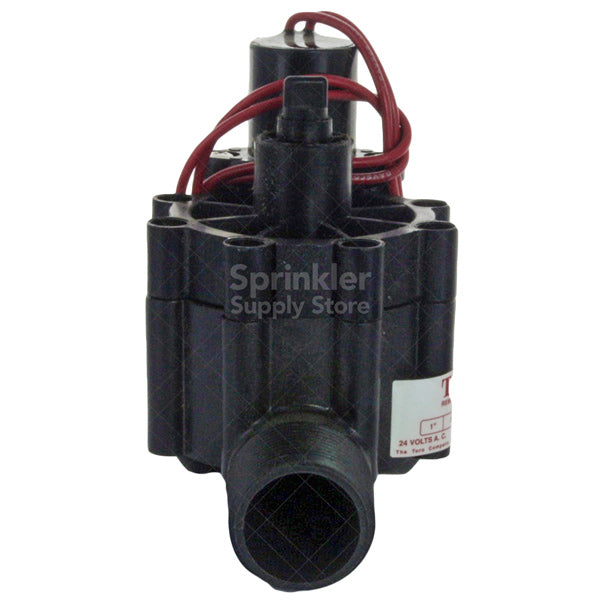 Top-down close-up of Toro 264-06-04 valve highlighting solenoid assembly, 18" lead wires, and robust glass-filled Zytel bonnet construction.